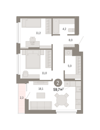 59,7 м², 2-комн. квартира, 3/9 этаж