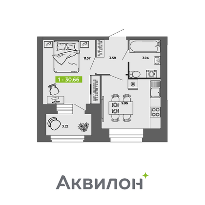 30,7 м², 1-комн. квартира, 1/11 этаж