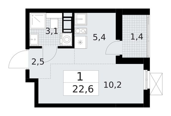 22,6 м², студия, 10/11 этаж