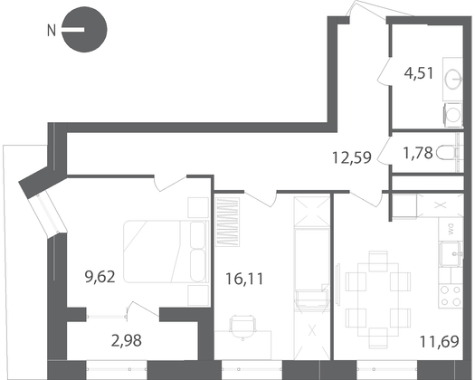 57,8 м², 2-комн. квартира, 17/21 этаж