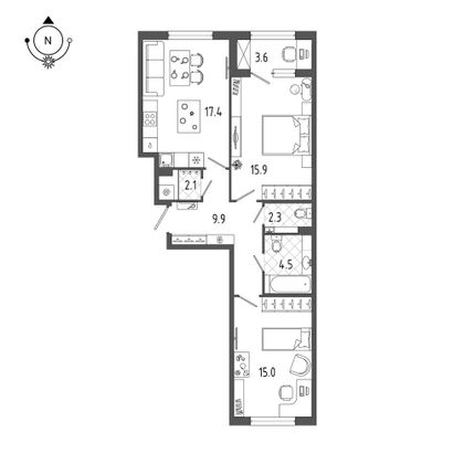 68,9 м², 2-комн. квартира, 2/18 этаж