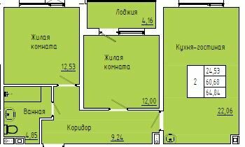 62,8 м², 2-комн. квартира, 1/4 этаж