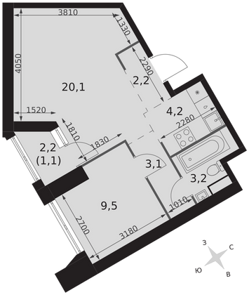 43,4 м², 2-комн. квартира, 32/47 этаж