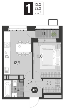 Продажа 1-комнатной квартиры 33,3 м², 5/21 этаж