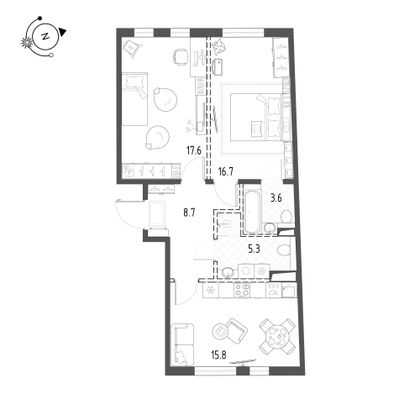 67,7 м², 2-комн. квартира, 2/10 этаж