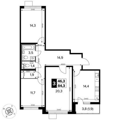 84,3 м², 3-комн. квартира, 22/24 этаж