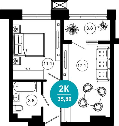 35,8 м², 2-комн. квартира, 2/10 этаж