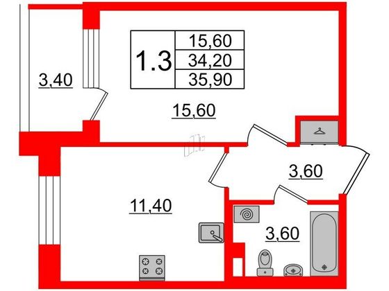 Продажа 1-комнатной квартиры 34,2 м², 2/4 этаж