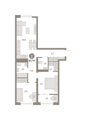 67,7 м², 2-комн. квартира, 6/7 этаж