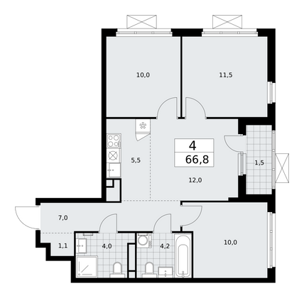 66,8 м², своб. планировка, 9/17 этаж