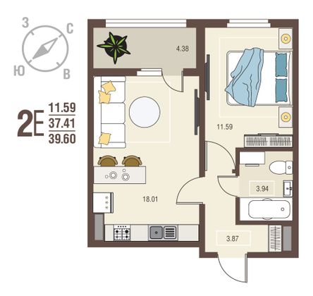 39,6 м², 1-комн. квартира, 2/10 этаж