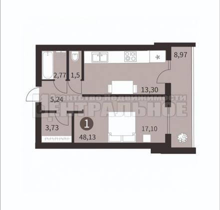 Продажа 1-комнатной квартиры 48,1 м², 6/10 этаж