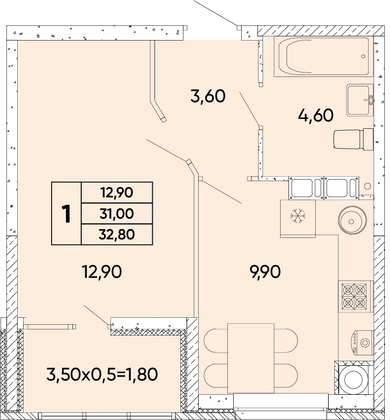 32,8 м², 1-комн. квартира, 5/9 этаж