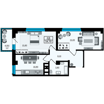 55,6 м², 2-комн. квартира, 20/26 этаж