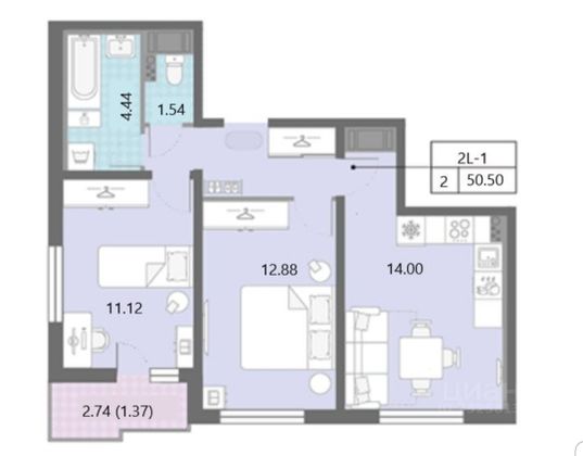 Продажа 2-комнатной квартиры 50,5 м², 11/14 этаж
