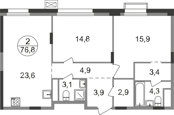 76,8 м², 2-комн. квартира, 9/9 этаж