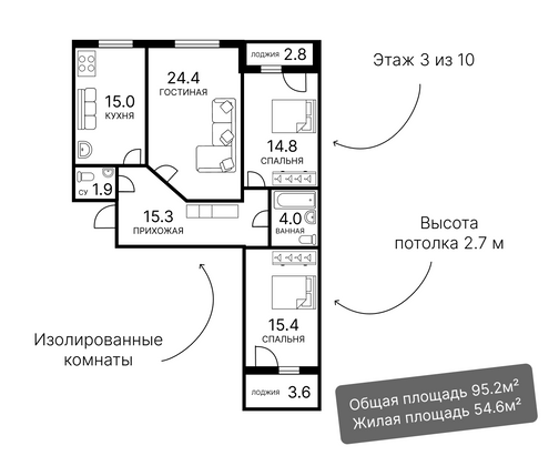 Продажа 3-комнатной квартиры 95,2 м², 3/10 этаж