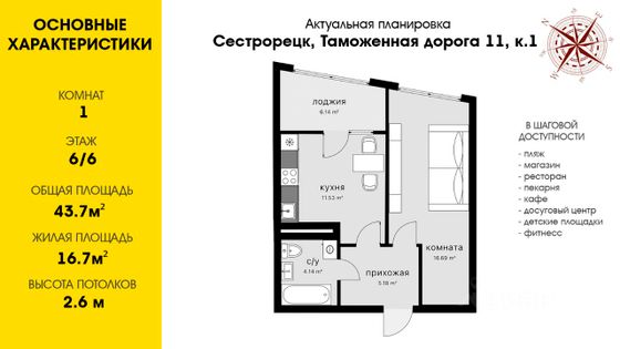 Продажа 1-комнатной квартиры 43,7 м², 6/6 этаж