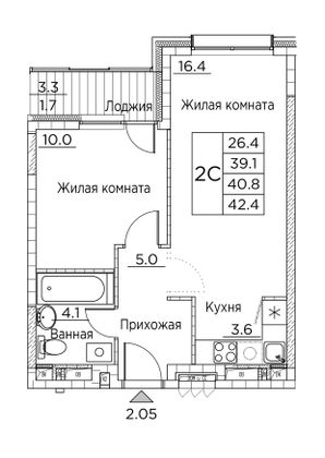 42,4 м², 2-комн. квартира, 4/23 этаж