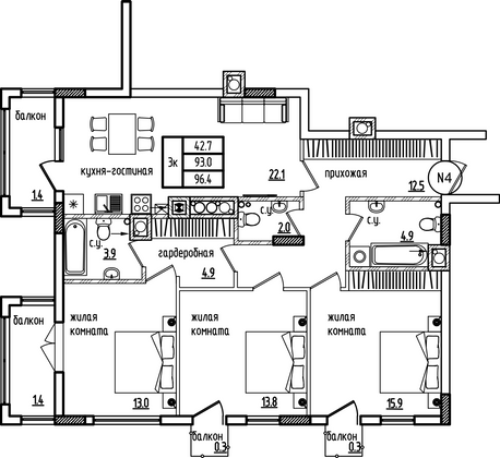 104,8 м², 3-комн. квартира, 1/9 этаж