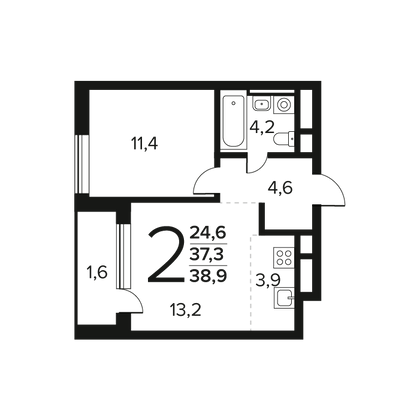 38,9 м², 2-комн. квартира, 2/7 этаж