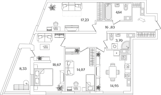 94,3 м², 3-комн. квартира, 16/17 этаж