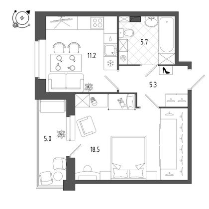 43,4 м², 1-комн. квартира, 1/12 этаж