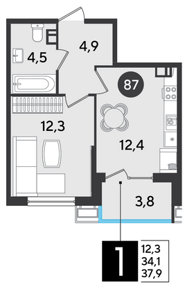 Продажа 1-комнатной квартиры 37,9 м², 3/9 этаж