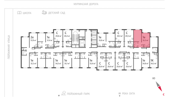 35,3 м², 1-комн. квартира, 19/22 этаж