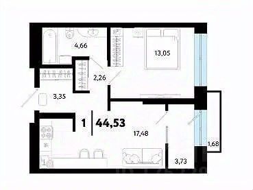 Продажа 1-комнатной квартиры 44,5 м², 10/24 этаж
