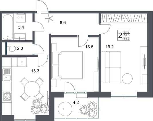 61,9 м², 2-комн. квартира, 20/20 этаж