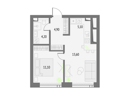 38,9 м², 1-комн. квартира, 37/55 этаж