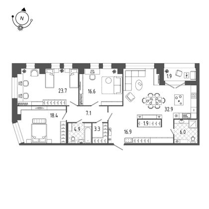 134,1 м², 3-комн. квартира, 6/18 этаж