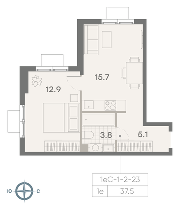 Продажа 1-комнатной квартиры 37,5 м², 11/23 этаж