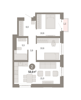 58,8 м², 2-комн. квартира, 20/31 этаж