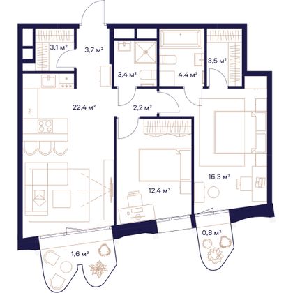 73,8 м², 2-комн. квартира, 12/23 этаж