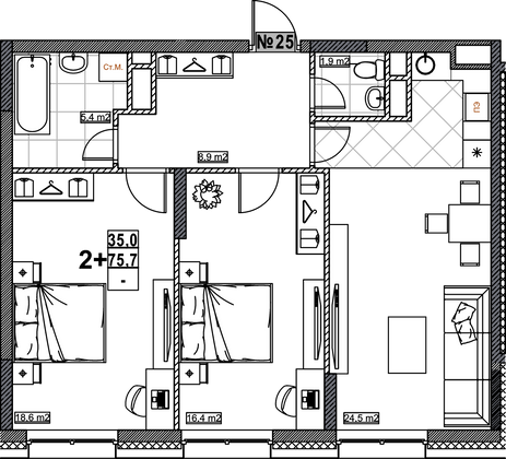 Продажа 2-комнатной квартиры 75,7 м², 4/24 этаж