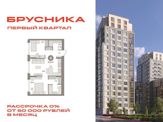 55,8 м², 2-комн. квартира, 2/4 этаж