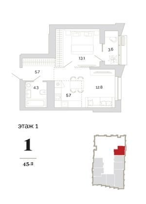 Продажа 1-комнатной квартиры 45,2 м², 1/18 этаж