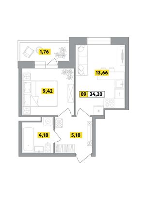 Продажа 2-комнатной квартиры 34,2 м², 4 этаж