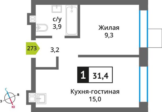 Продажа 1-комнатной квартиры 31,4 м², 5/6 этаж