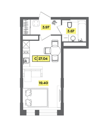 Продажа квартиры-студии 27 м², 2 этаж