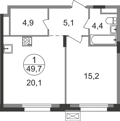 49,7 м², 1-комн. квартира, 7/9 этаж