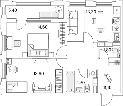 62,1 м², 2-комн. квартира, 3/13 этаж