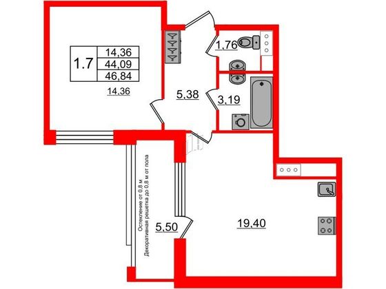 Продажа 1-комнатной квартиры 44,1 м², 6/9 этаж