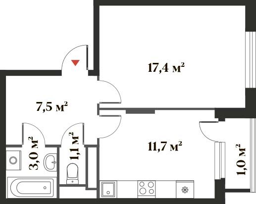 41,7 м², 1-комн. квартира, 4/6 этаж