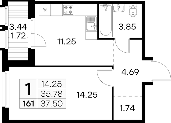 37,5 м², 1-комн. квартира, 2/15 этаж