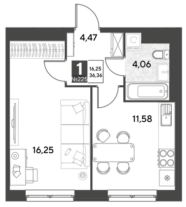 Продажа 1-комнатной квартиры 36,4 м², 6/25 этаж