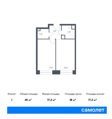 48 м², 1-комн. квартира, 9/10 этаж