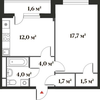 42,5 м², 1-комн. квартира, 6/6 этаж